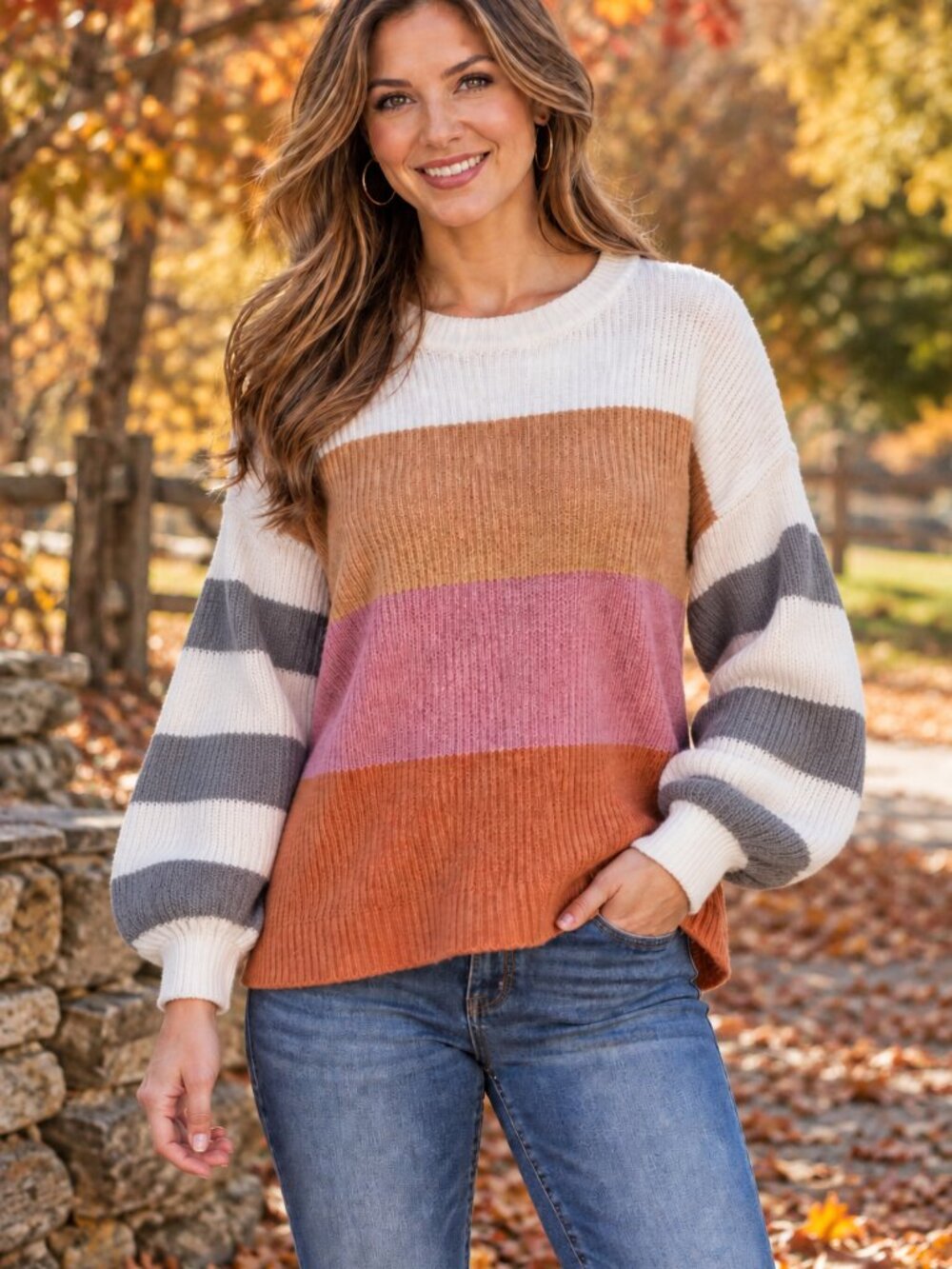 ANDREE by Unit Sweater Knit Puffy Sleeves Orange,Tan, Etc. Colorblocked NWOT S